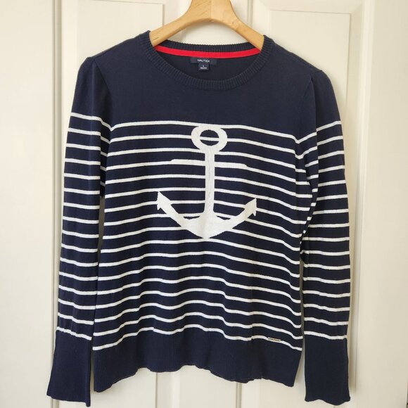 Nautica Sweaters - Nautica Navy & White Anchor Striped Sweater Preppy Prep Fisherman Coastal Cute
